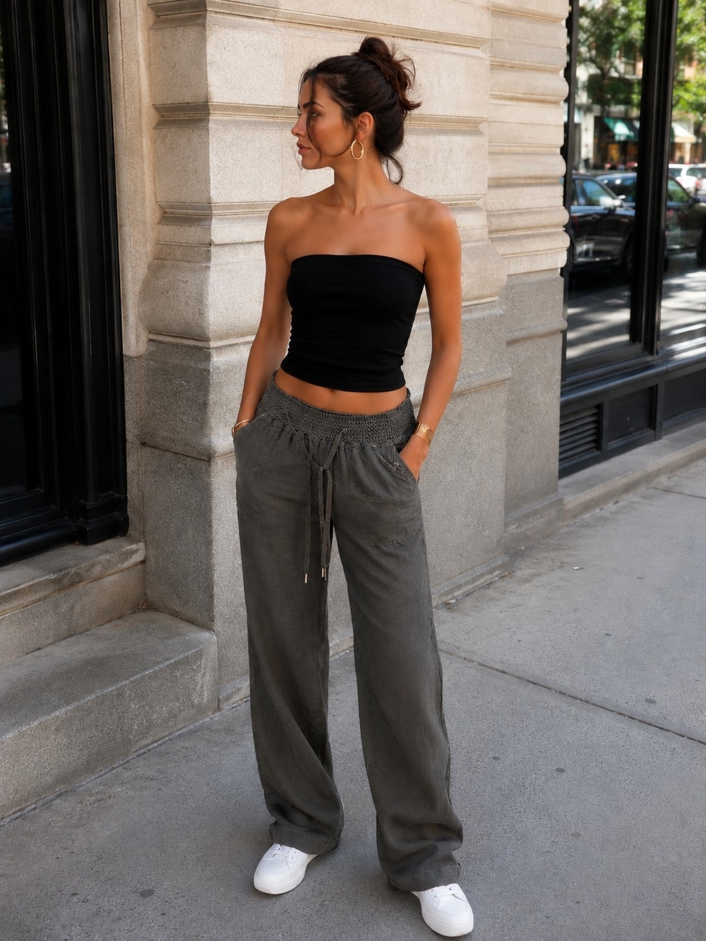 Ci Sono Women's Grayish Olive Linen  Stretchy Waist Size M